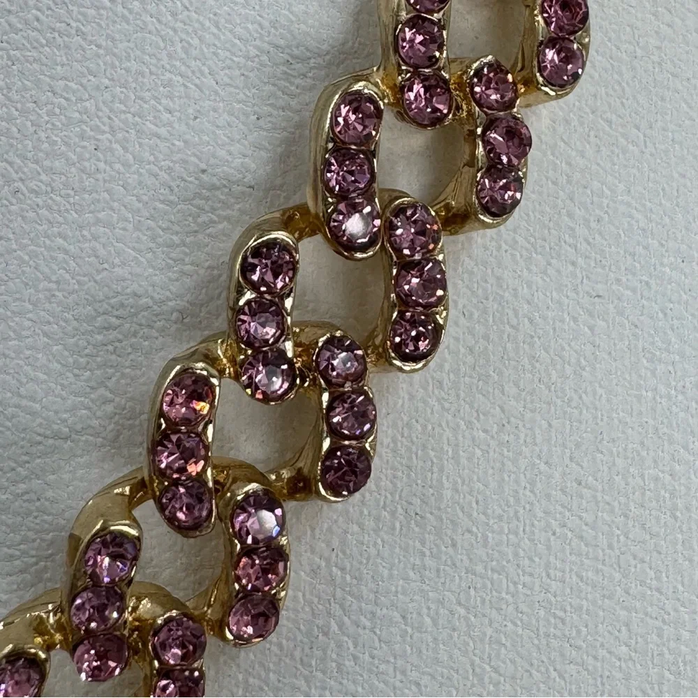 Gold Tone and Pink Rhinestone Cuban Link Butterfly Necklace Small Choker or Kids